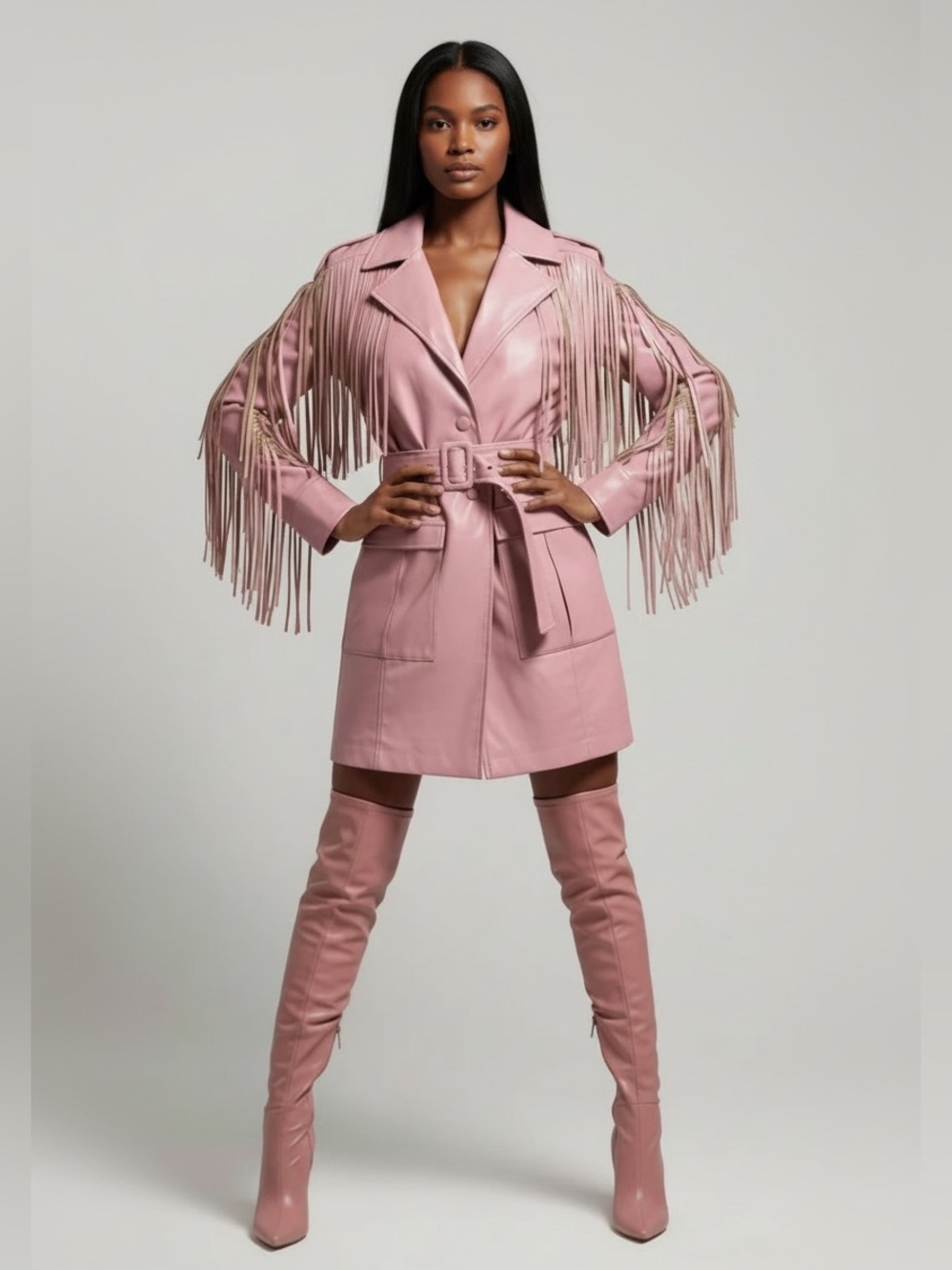 Pink Faux Leather Fringe Coat Dress- Statement Western Glam